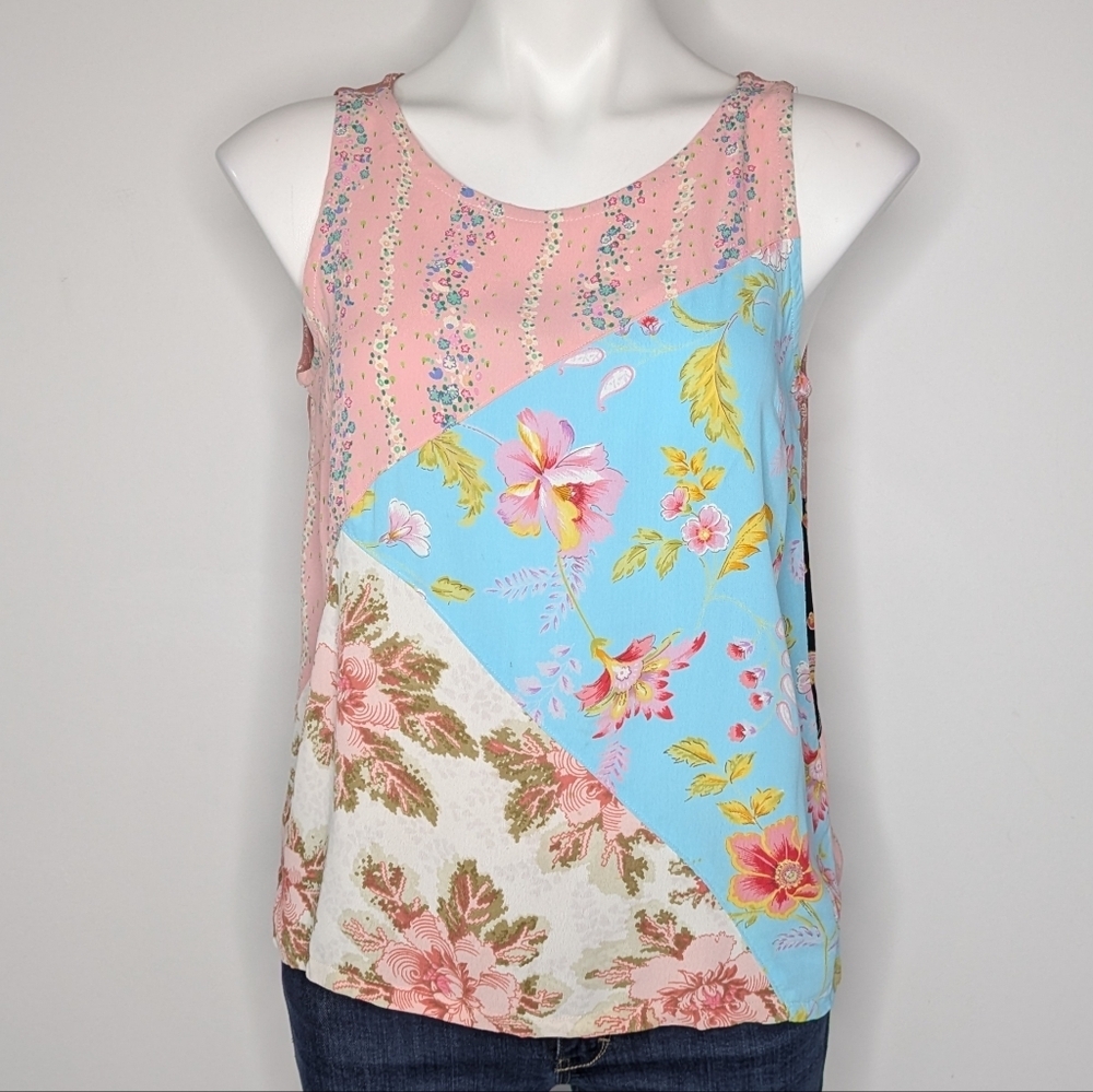 Vintage Nannette Keller Pink Blue Floral Patchwork Cotton Blend Tank Top XL